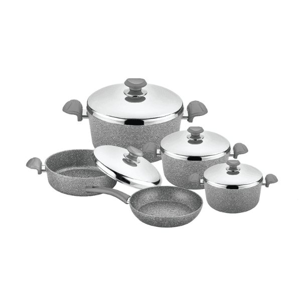 OMS Cookstone Granite 2.8mm Cookware Set Of 9 Pcs (S/S Lids) Grey  