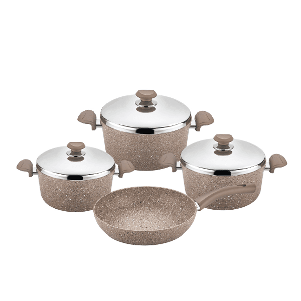 OMS Granite Cookstone Cookware Set Of 7  (S/S Lids) Brown