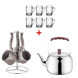 OMS Kinox Stainless Steel 18/10 Tea Pot 2.25 L + Granite Coffee Pots Set of 3 with Stand Brown + Tea Mug 90ml Set of 6 (Lawazm Friday) image 0