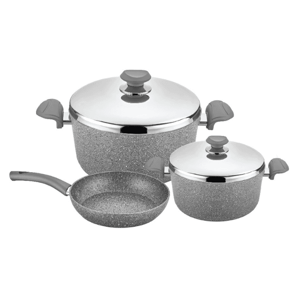 OMS Non Stick Granite Cookware Set of 5 Pcs (S/S Lids) Grey