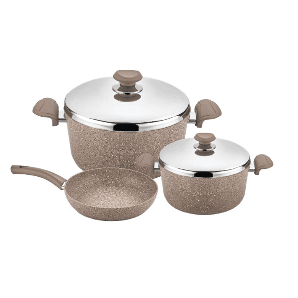  OMS Non Stick Granite Cookware Set of 5 Pcs (S/S Lids) Brown 