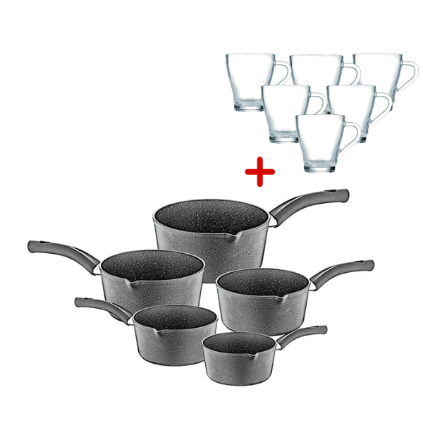 OMS Granite Milk Pot Set of 5 Pcs Grey+ Tea Mug 280ml Set of 6 (Lawazm Friday)