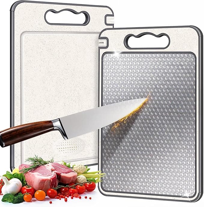Mr Chef Stainless Steel Cutting Board, Double Sided Chopping Board for Kitchen, Scratch-Resistant Mesh Design, Juice Groove, Non-Slip Silicone Wrap, Dishwasher Safe