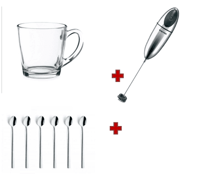 Bundle of Salter Electronic Milk Frothier, Amefa Latte Spoon 6 pc and Luminarc Mugs 320ml Set of 6