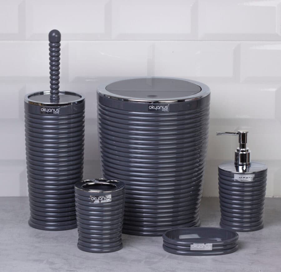 Okyanus Elegance Round Bathroom Set (5 pcs) – Grey/Chrome