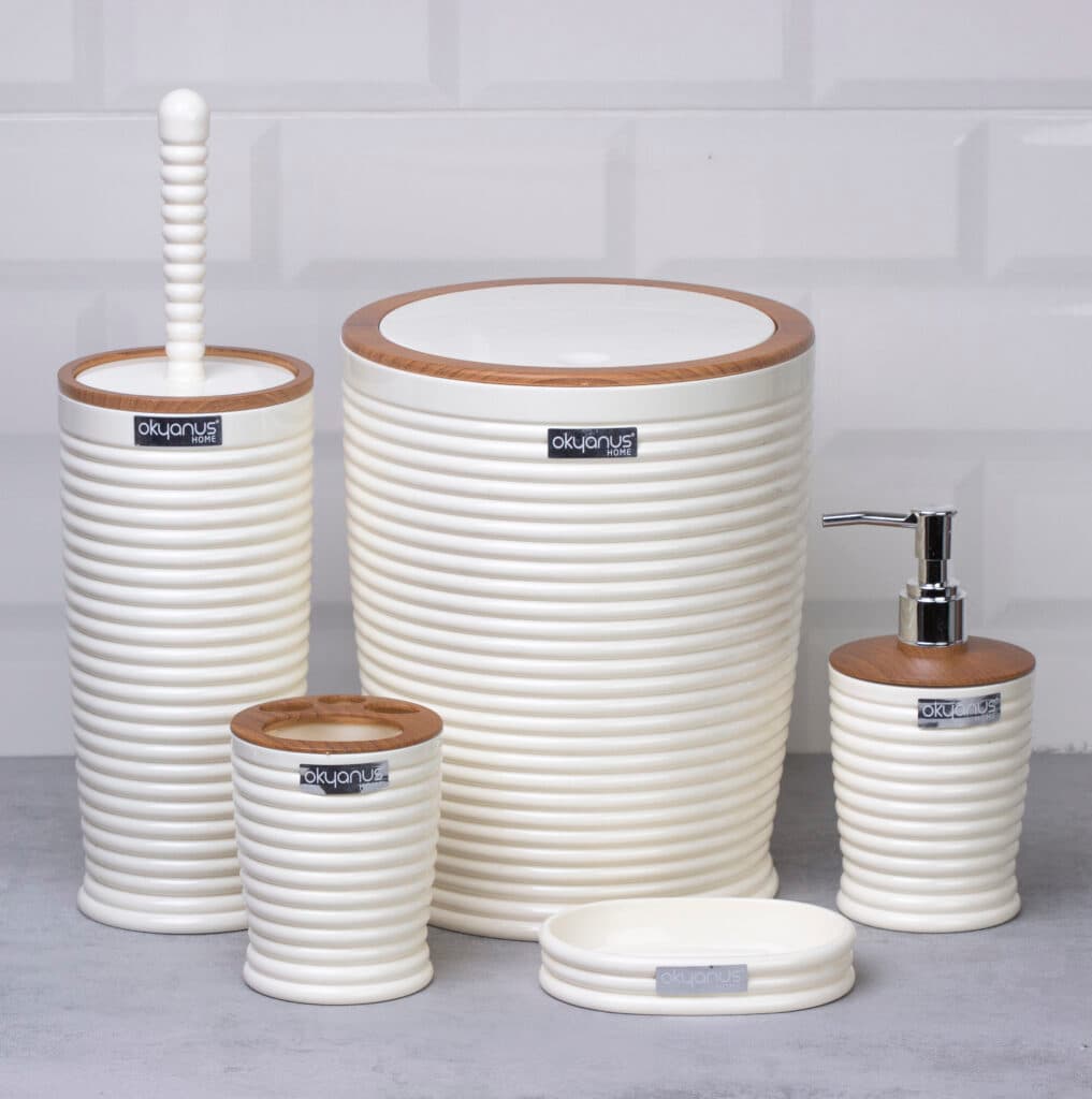 Okyanus Elegance Round Bathroom Set (5 pcs) – White/Wooden
