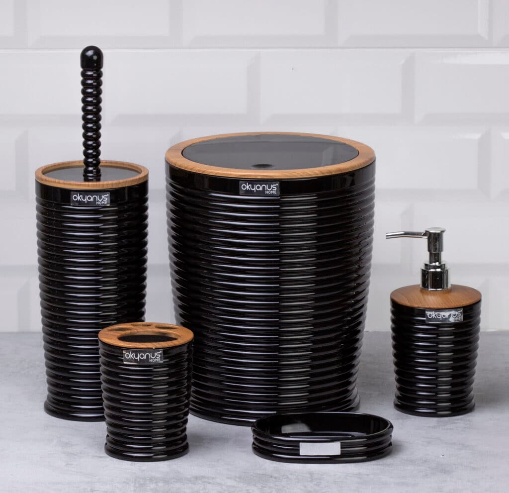 Okyanus Elegance Round Bathroom Set (5 pcs) – Black/Wooden