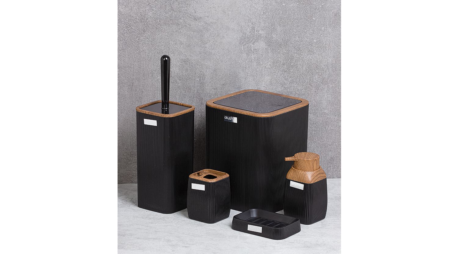 Okyanus Stripe Square Bathroom Set black (5 Pcs) Wooden