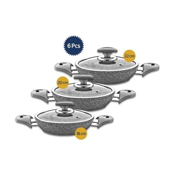OMS Set 3-Pcs  Granite Turkish Fry Pan With Glass