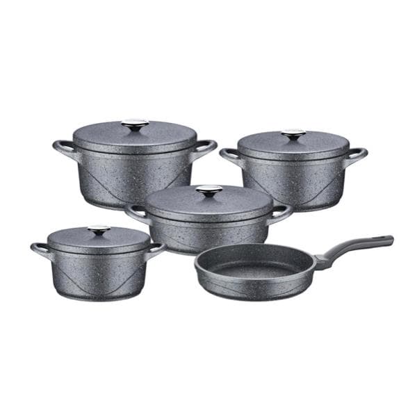 OMS Wave Granite Diecast Cookware Set with Granite Lid Set of 9 Pcs (Chef Bader) - Grey