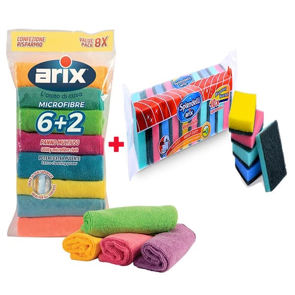 Bundle of 8 Microfiber Cloth with 10 Spongee Scourer