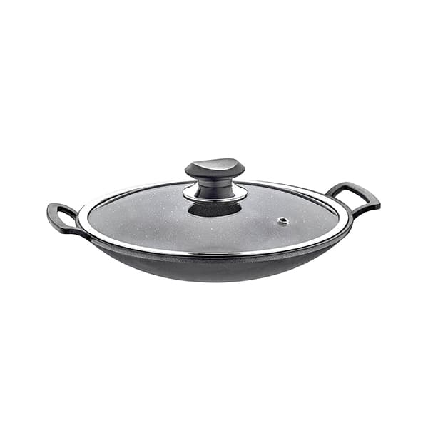 OMS Granite Turkish Wok with Glass Cover 24cm Grey