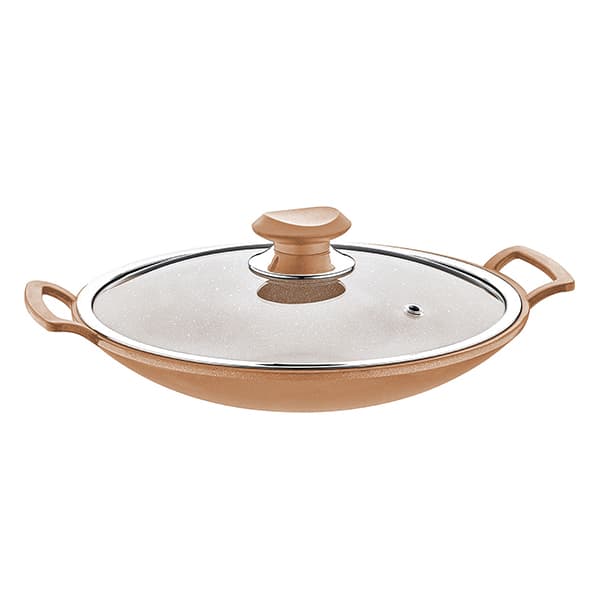 OMS Granite Turkish Wok with Glass Cover 34cm Brown