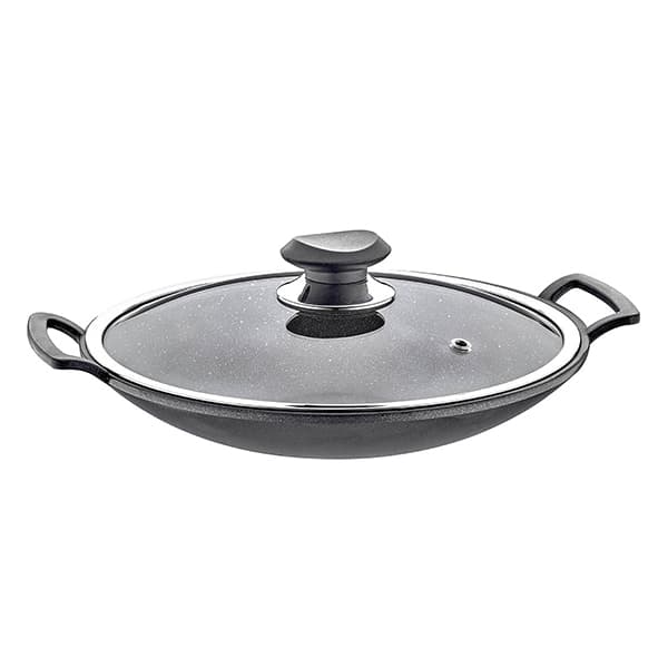 OMS Granite Turkish Wok with Glass Cover 34cm Grey