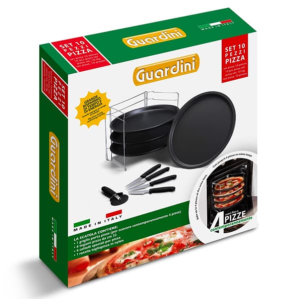 Guardini Pizza Mania 4 Pizza Tins 32cm + Rack + Pizza Cutter + Knives in a Gift box