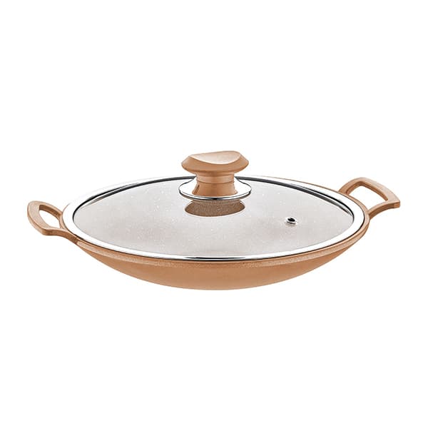 OMS Granite Turkish Wok With Glass Cover Brown 30cm