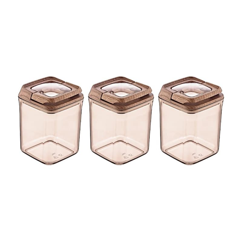 Okyanus Vacuum Square Storage Jar Set 3 pcs - Wooden (900ml + 900ml + 900ml)
