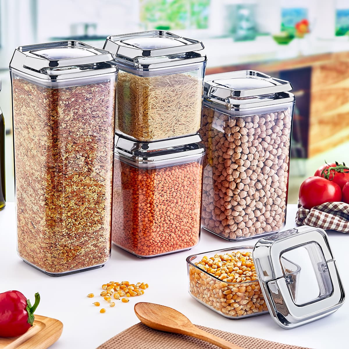 Okyanus Vacuum Square Storage Jar Set 5 pcs - Chrome (250ml + 700ml + 900ml + 1200ml + 1700ml)