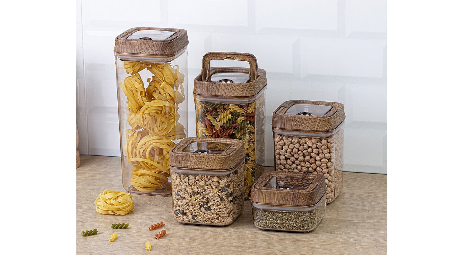 Okyanus Vacuum Square Storage Jar Set 5 pcs - Wooden (250ml + 700ml + 900ml + 1200ml + 1700ml)