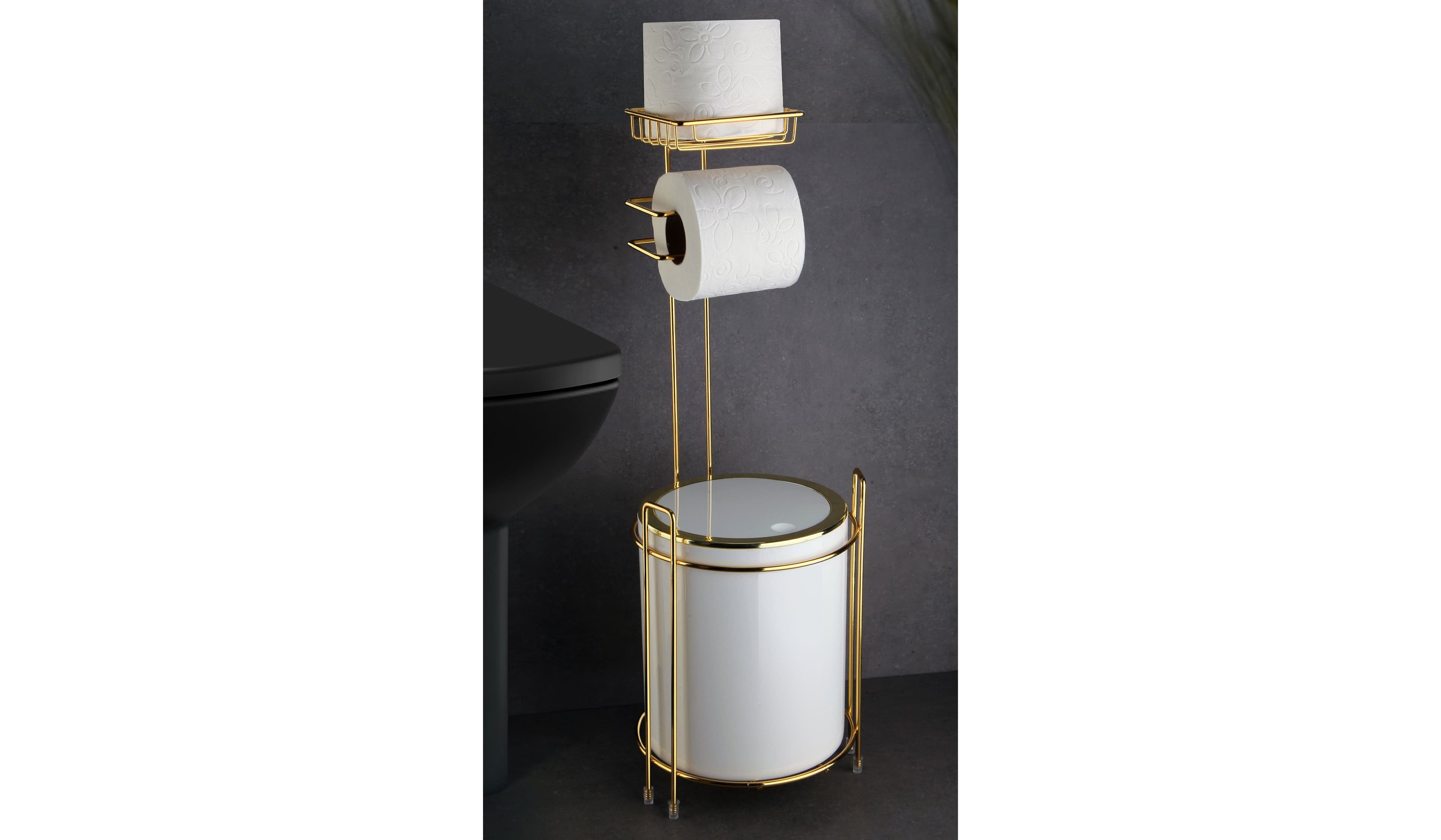 Okyanus WC Stand With Dustbin and Toilet Paper Holder - Gold