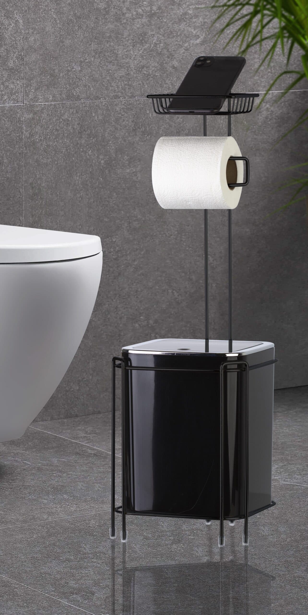 Okyanus Square Wc Stand With Dustbin And Toilet Paper Holder / Black