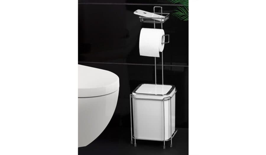 Okyanus Chrome Square Wc Stand With Dustbin And Toilet Baper Holder /White Bin