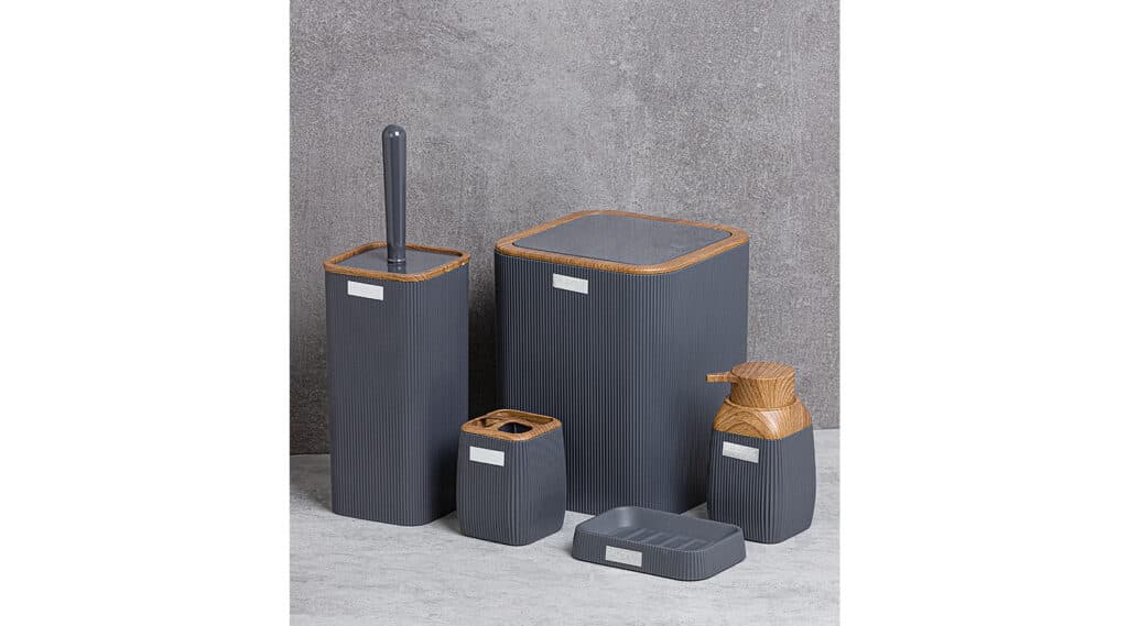 Okyanus Stripe Square Bathroom Set Grey (5 pcs) Wooden