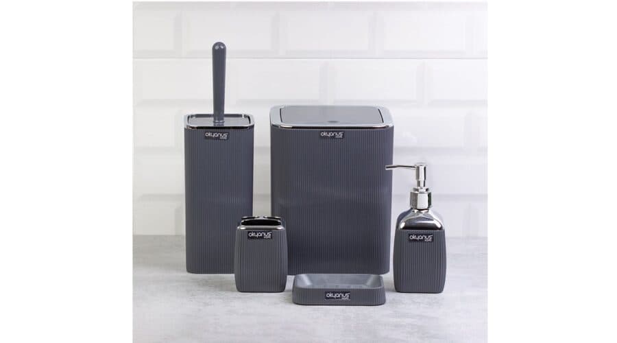 Okyanus Stripe Square Bathroom Set Grey (5 pcs) Chrome