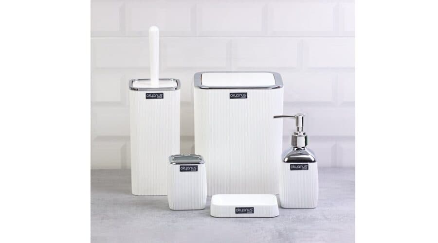 Okyanus Stripe Square Bathroom Set White (5 pcs) Chrome