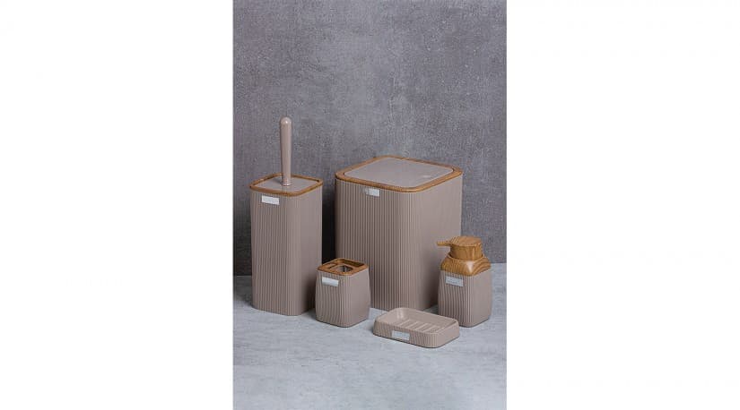Okyanus Stripe Square Bathroom Set Beige (5 pcs) Wooden