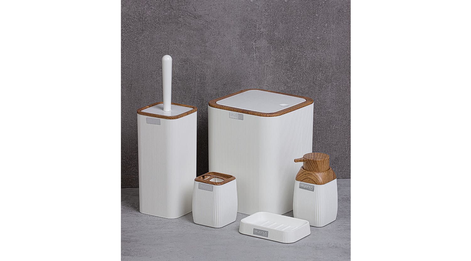 Okyanus Stripe Square Bathroom Set (5 pcs) White/Wooden