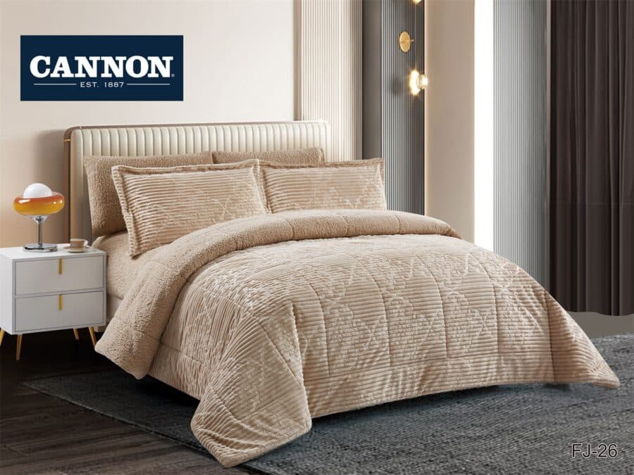 Cannon (T) Flannel Strp W/Jacquard & Sherpa Comf 4pc Ibeige