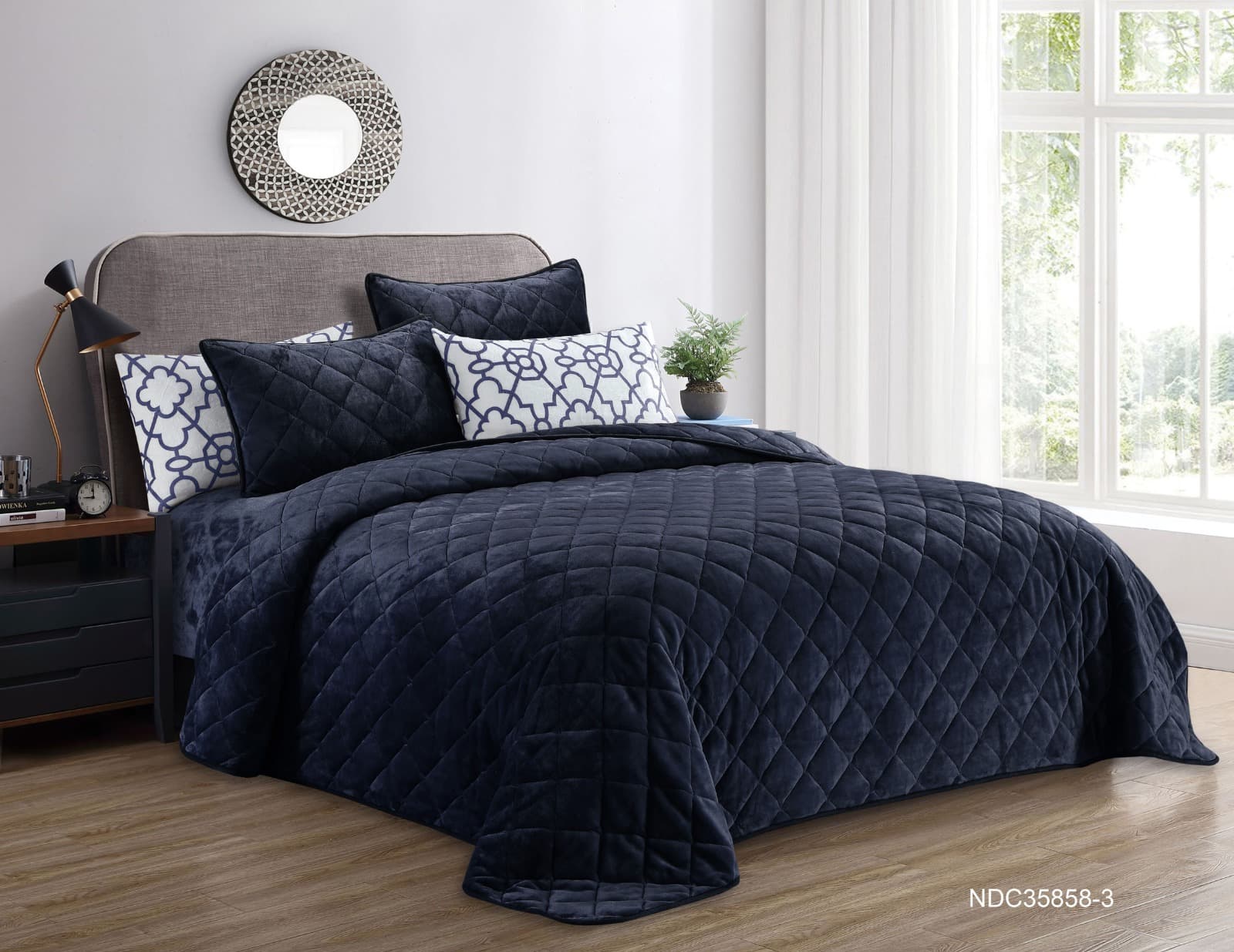 Valentini (T) Plain Flannel W/Prtd P/Sham B/Sprd 4pc Blue