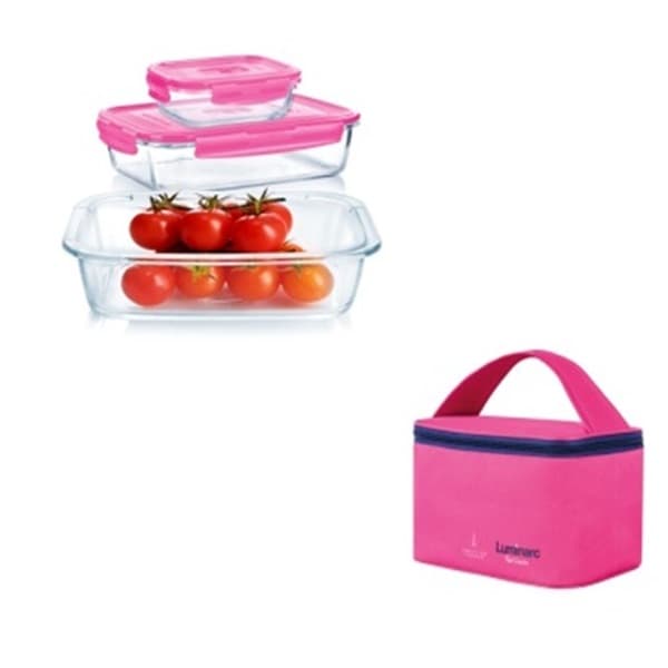 Luminarc Rect. Pure Box Set 3pcs + Lunch Bag Pink